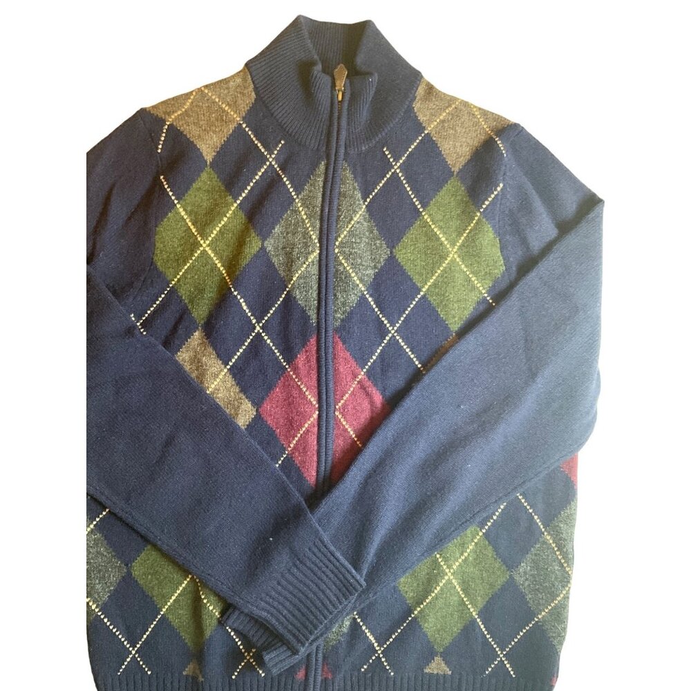 Brooks. Brothers 346 Medium Navy and plaid Full Zip Cardigan Argyle 100% Lambswo